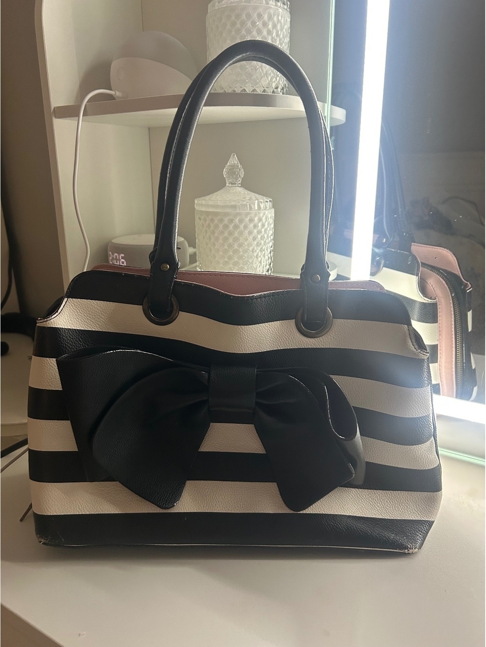 Betsey Johnson Black & Cream Striped Bow Tote Bag (Send offers!)